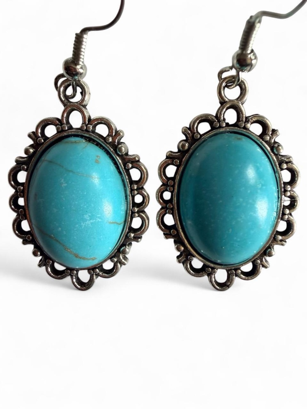 Handmade Artisan Turquoise & Silver Filigree Earrings - Picture 3 of 5
